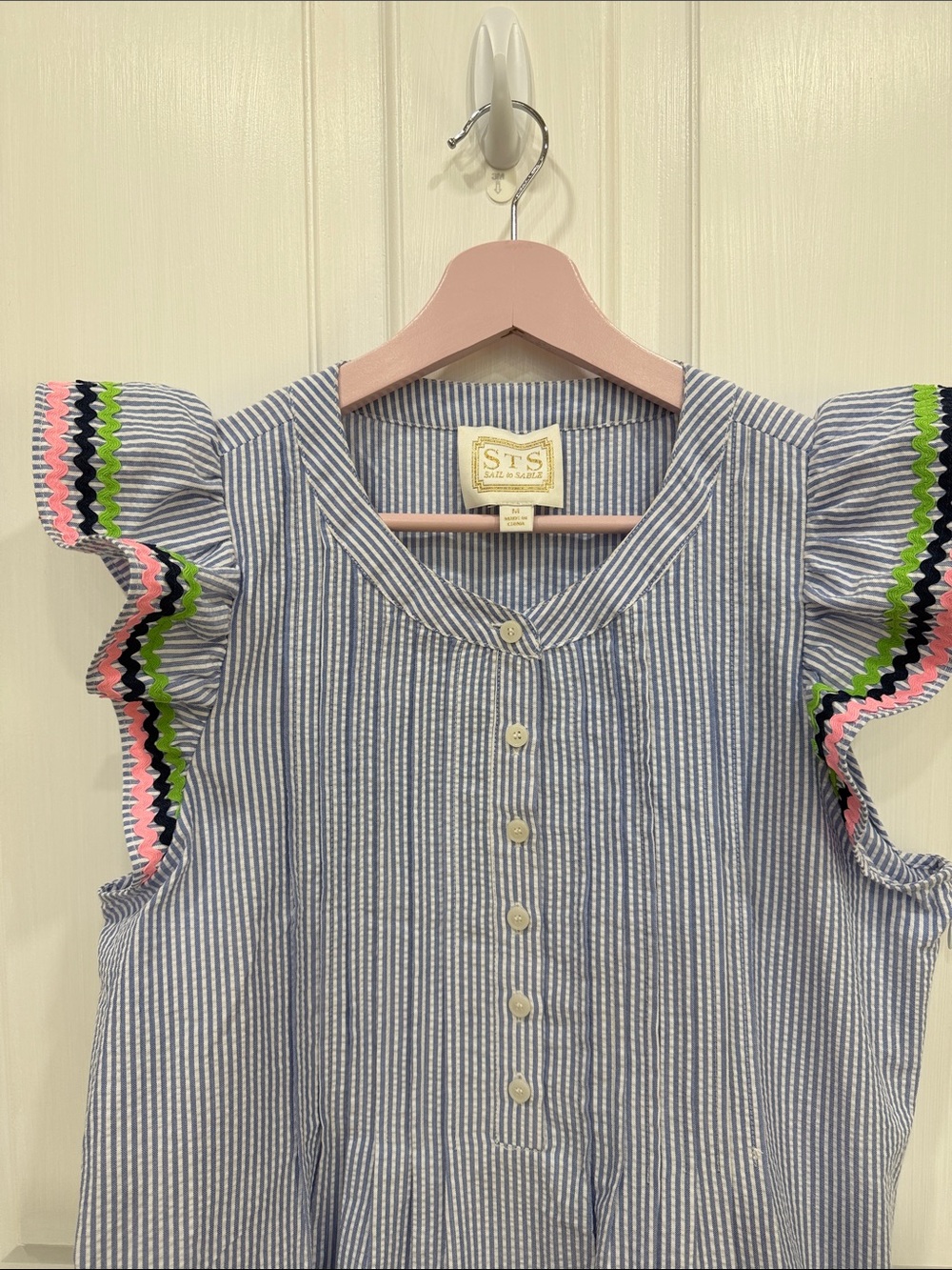 Sail to Sable *like new* Seersucker Dress with Pink & Green Trim Sz Medium - Picture 2 of 5